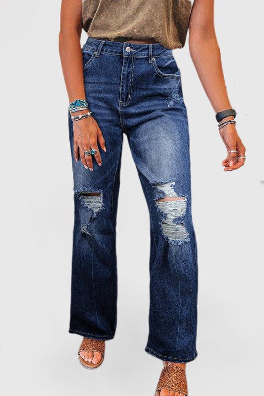 Dusk Blue High-Rise Ripped Jeans with Mineral Wash