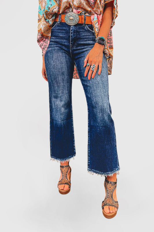 Ocean Blue High-Waisted Flared Jeans with Raw Hem and Mineral Wash Finish