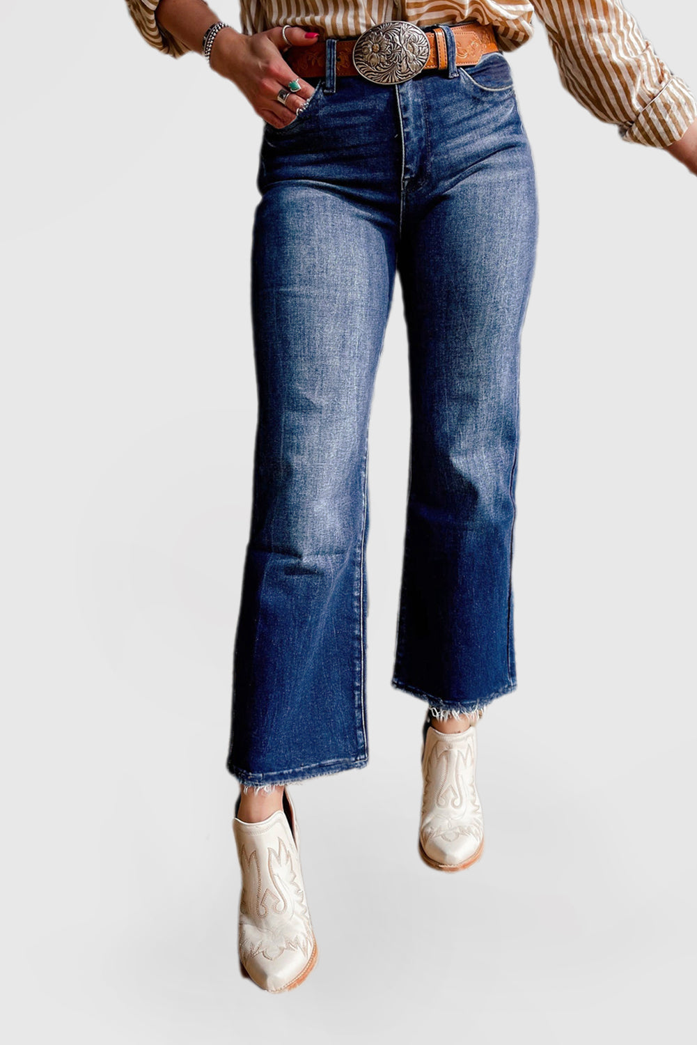Ocean Blue High-Waisted Flared Jeans with Raw Hem and Mineral Wash Finish