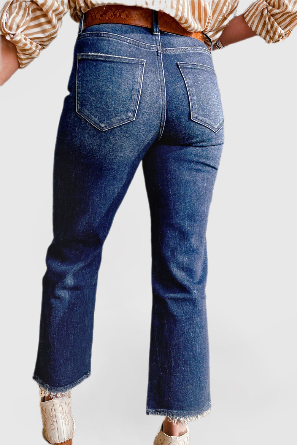 Ocean Blue High-Waisted Flared Jeans with Raw Hem and Mineral Wash Finish