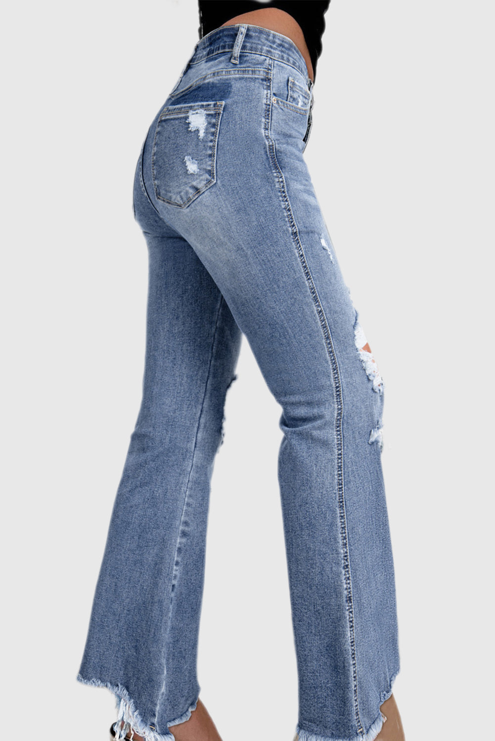 Dusk Blue High-Rise Flared Jeans with Distressed Hem