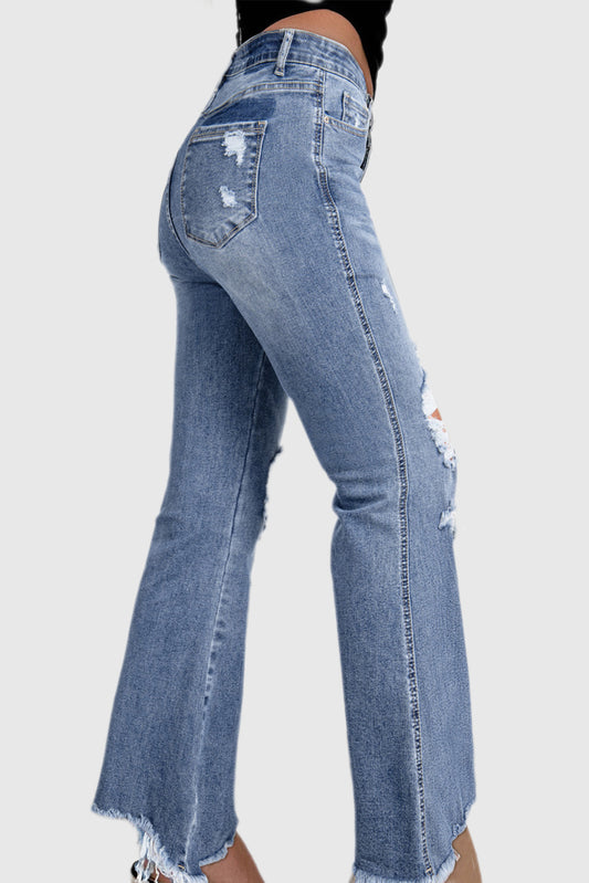 Dusk Blue High-Rise Flared Jeans with Distressed Hem