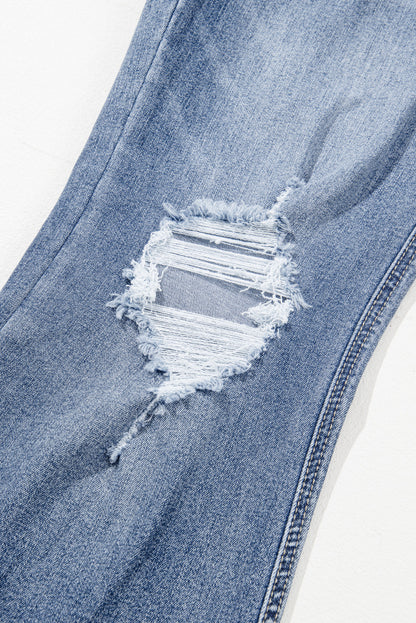 Dusk Blue High-Rise Flared Jeans with Distressed Hem