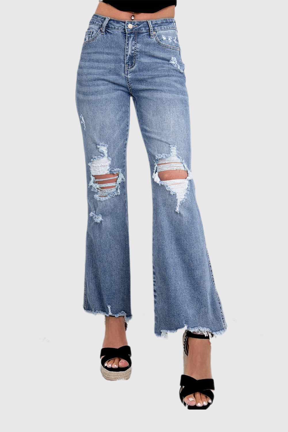 Dusk Blue High-Rise Flared Jeans with Distressed Hem