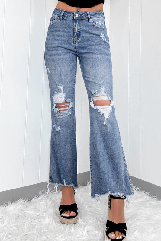 Dusk Blue High-Rise Flared Jeans with Distressed Hem