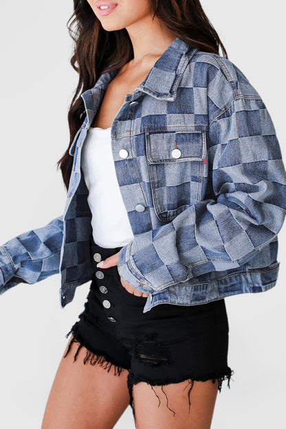 Checkered Patchwork Button up Denim Jacket