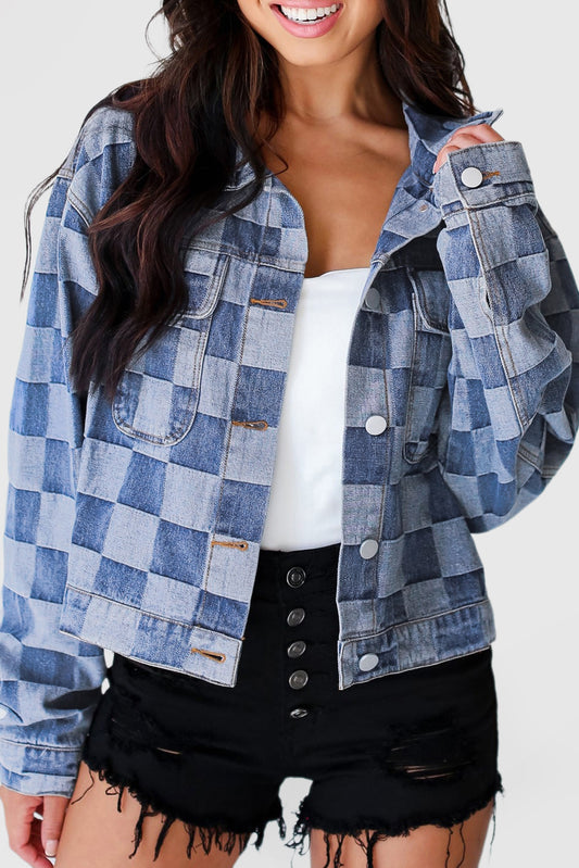 Checkered Patchwork Button up Denim Jacket