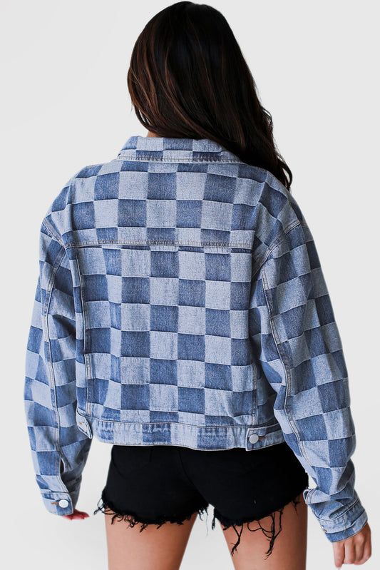 Checkered Patchwork Button up Denim Jacket