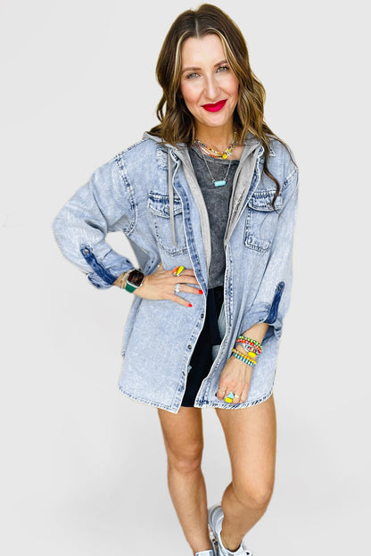 Mist Blue Oversized Contrast Hooded Denim Jacket