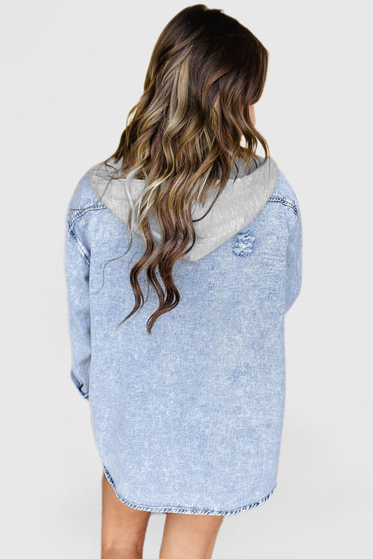 Mist Blue Oversized Contrast Hooded Denim Jacket