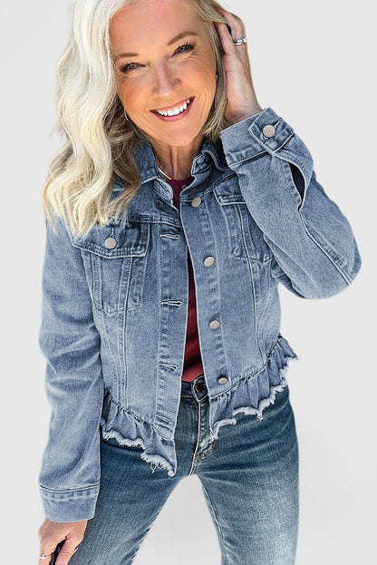 Beau Blue Ruffle Raw Hem Flap Pockets Denim Jacket