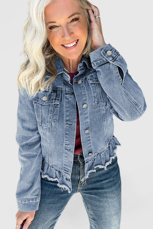 Beau Blue Ruffle Raw Hem Flap Pockets Denim Jacket