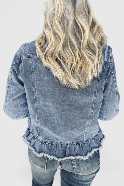 Beau Blue Ruffle Raw Hem Flap Pockets Denim Jacket