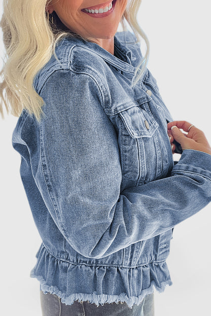 Beau Blue Ruffle Raw Hem Flap Pockets Denim Jacket