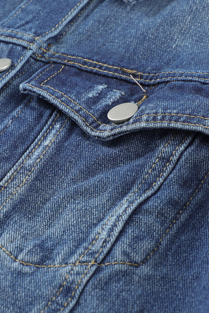 Sky Blue Denim Jacket with Lapel, Distressed Details