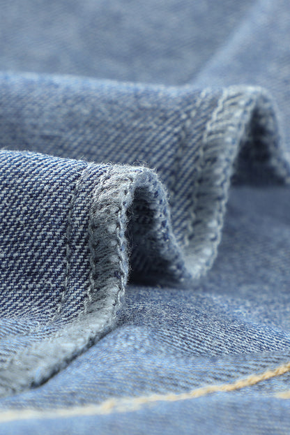 Sky Blue Denim Jacket with Lapel, Distressed Details
