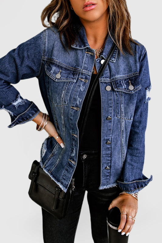 Sky Blue Denim Jacket with Lapel, Distressed Details