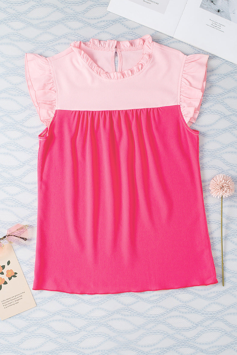 Pullover Round Neck Short Sleeve Top Women Simple Style Pleated Colorblocking Chiffon Shirt Women