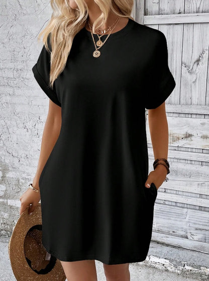 Casual Solid Color T-Shirt Dress with Pockets