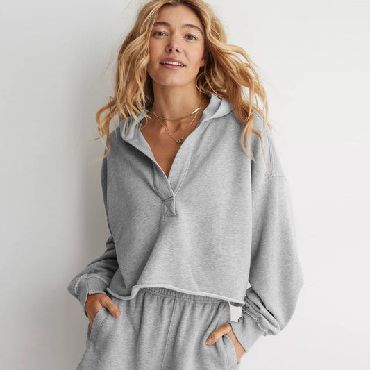 V-Neck Hooded Pullover Sweater Loose Fit Long Sleeve Top