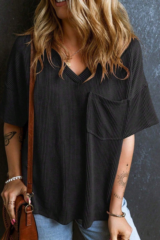 Casual V Neck Pocket T Shirt Loose Ribbed Knit Top