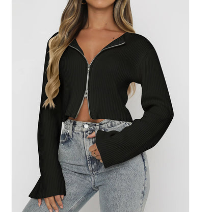 Womens Zip Up Ribbed Knit Sweater Long Sleeve Top