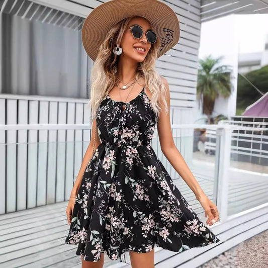 Floral Sleeveless Elastic Waist Halter Summer Dress
