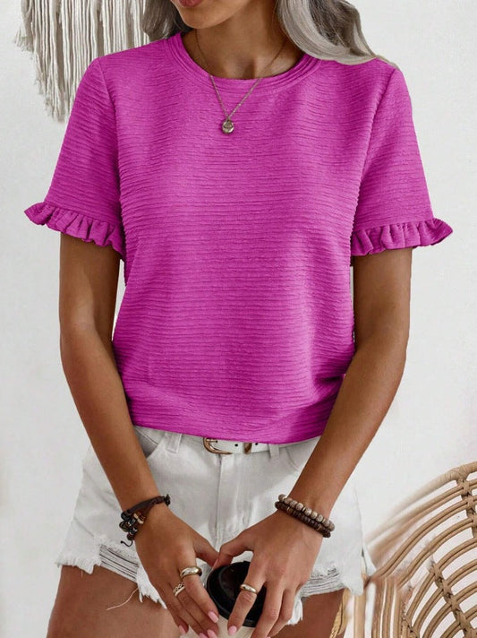 Ruffle Sleeve Round Neck Textured Top for Women