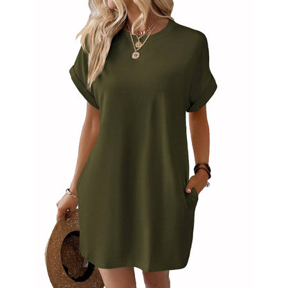 Casual Solid Color T-Shirt Dress with Pockets