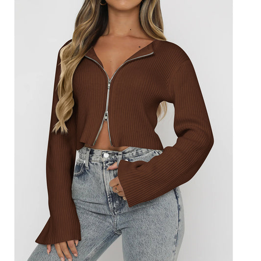 Womens Zip Up Ribbed Knit Sweater Long Sleeve Top