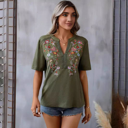 Floral Embroidered Lace Trim V-neck Top for Women