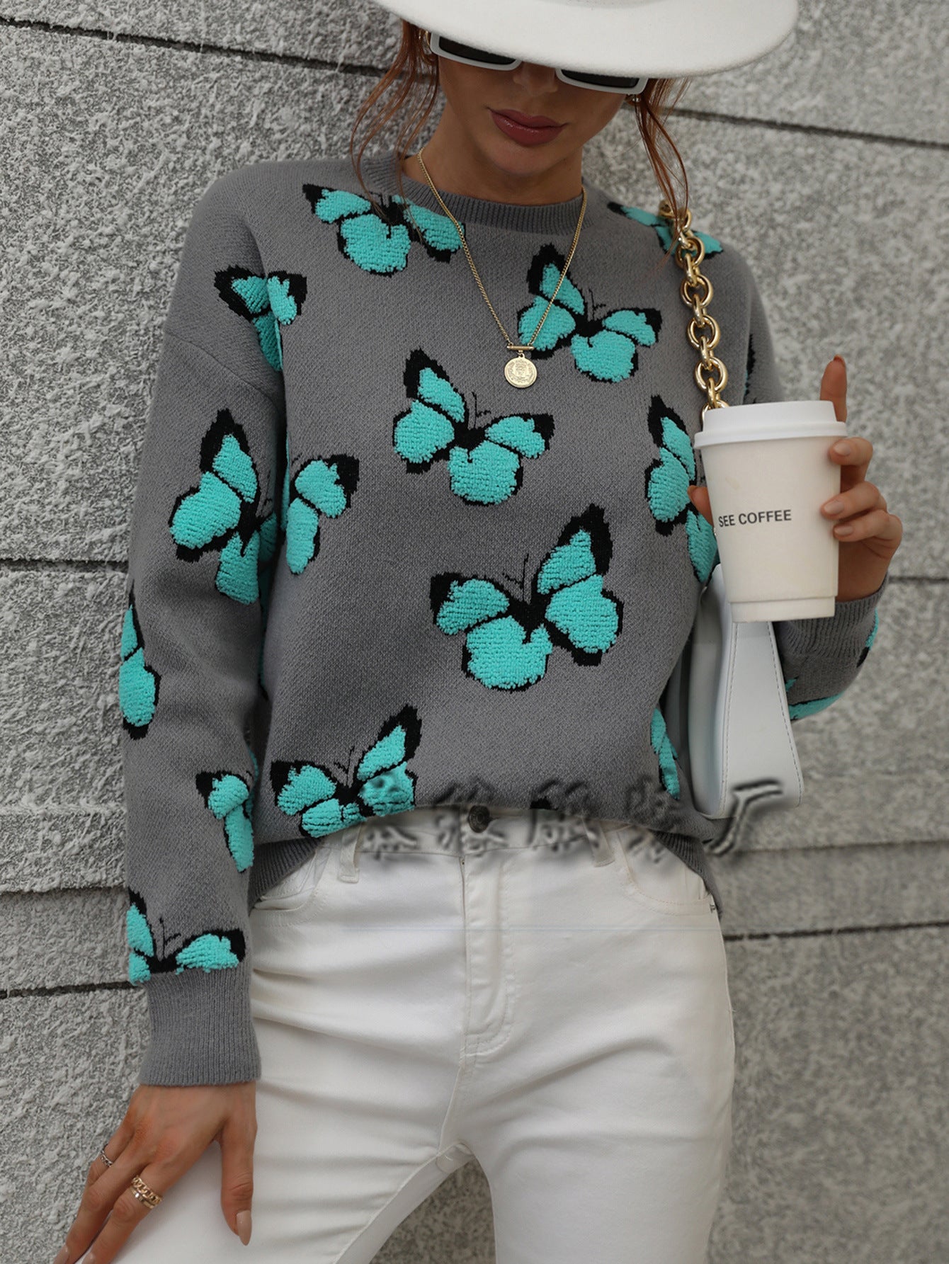 Womens Butterfly Print Crewneck Knit Sweater