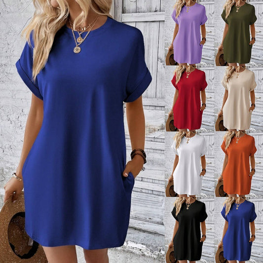 Casual Solid Color T-Shirt Dress with Pockets