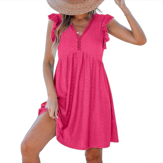 Lace Trim V Neck Eyelet Babydoll Dress for Women