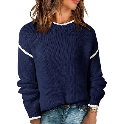 Women Color Block Crew Neck Pullover Sweater
