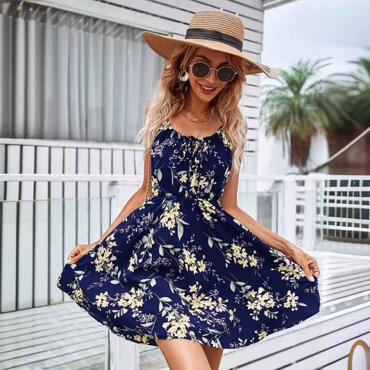 Floral Sleeveless Elastic Waist Halter Summer Dress