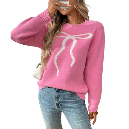 Chic Bow Tie Sweater Vintage Casual Pullover for Women