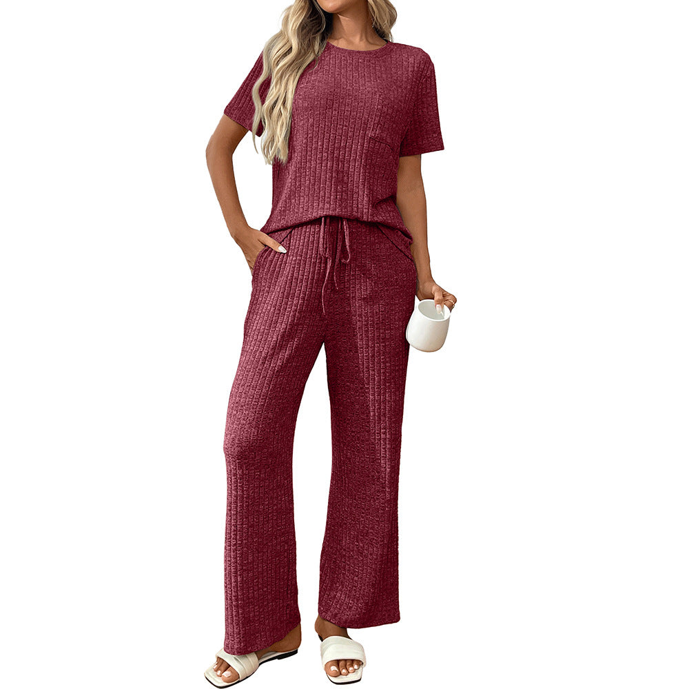 Women’s Casual Ribbed Pajama Set, Short Sleeve Pants
