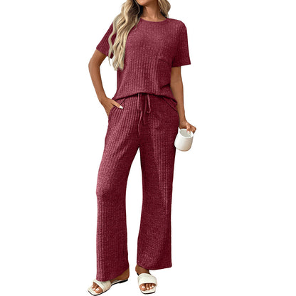 Women’s Casual Ribbed Pajama Set, Short Sleeve Pants