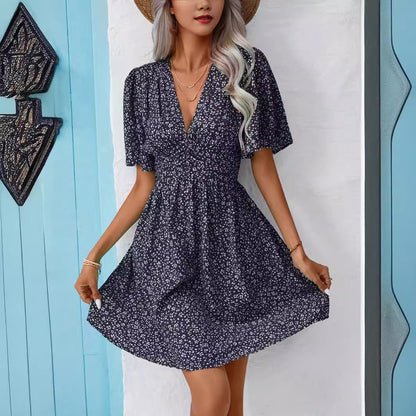Summer V Neck Pleated Floral Dress with Short Sleeves