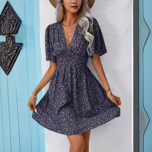 Summer V Neck Pleated Floral Dress with Short Sleeves