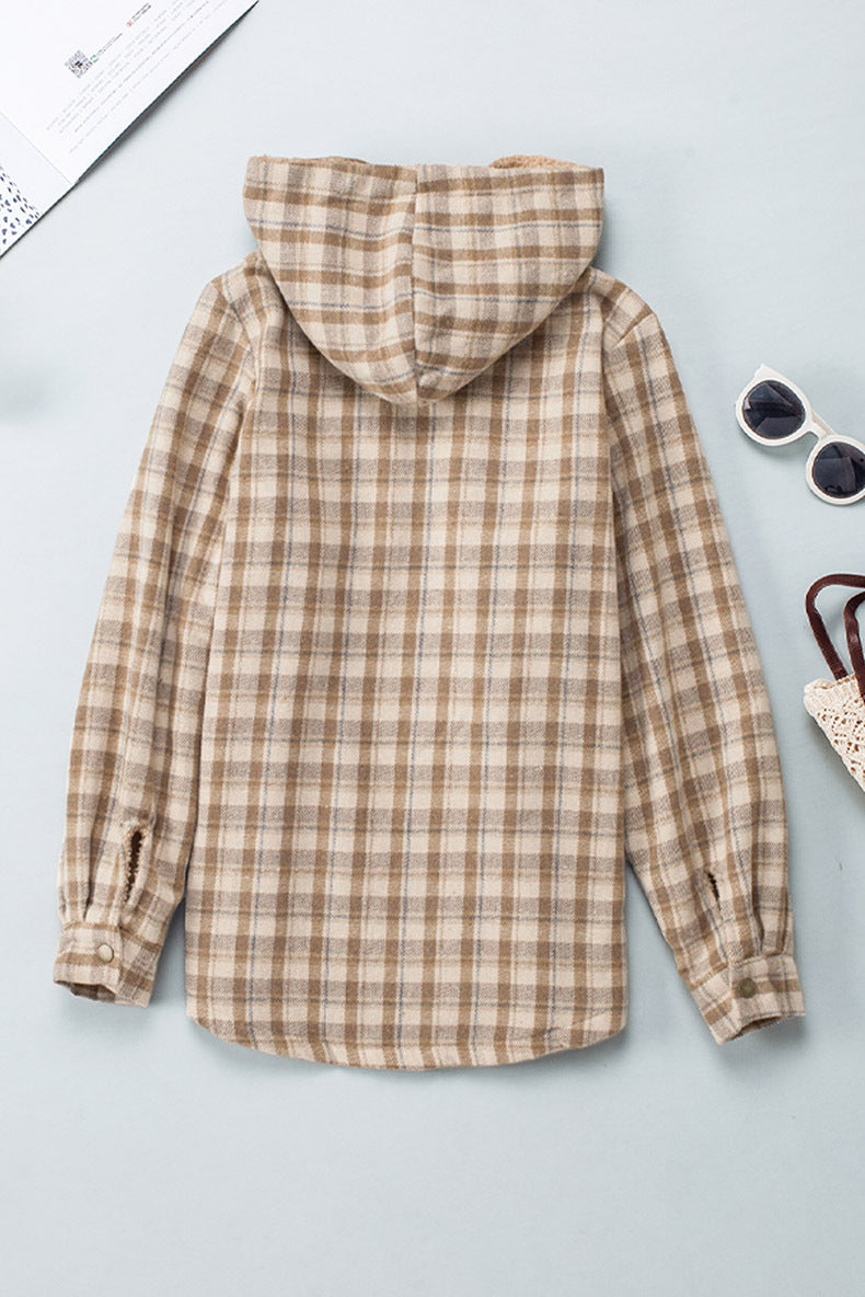 Winter Casual Plaid Hooded Tweed Jacket Women Thick Padded Warm Jacket Women