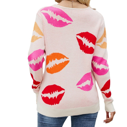 Kiss Lip Print V Neck Sweater for Women - Trendy Knit Top