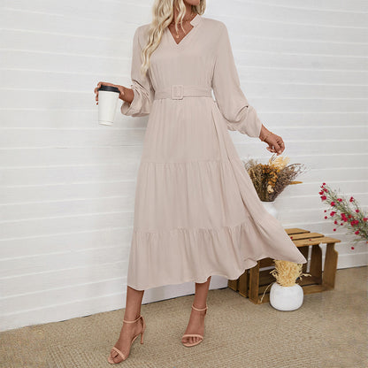 Elegant Belted V-neck Long Sleeve Midi Dress for Casual & Work