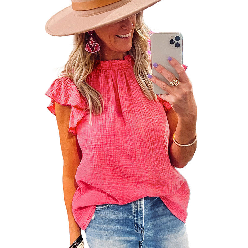 Rose Sleeve Round Neck Women's Top Ruffle Neckline Textured Pullover Blouse