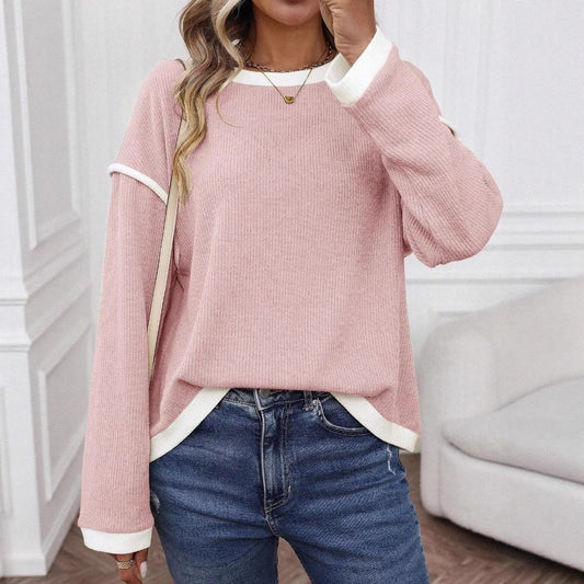 Colorblock Knit Look Crewneck Pullover Top
