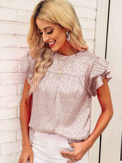 Women's Printed Lotus Leaf Sleeve Wavy Collar Top