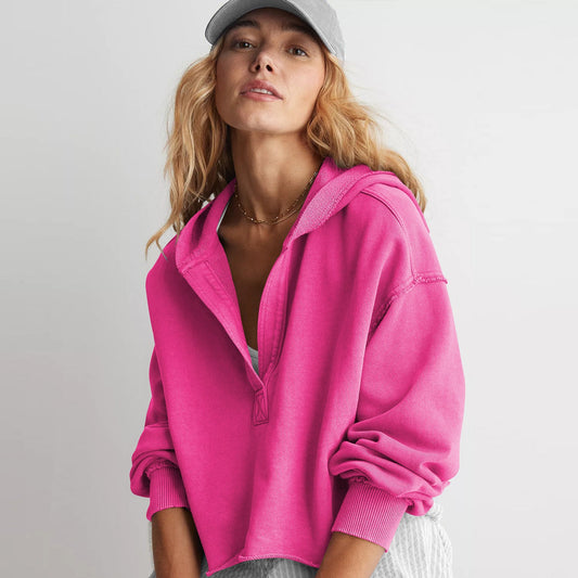 V-Neck Hooded Pullover Sweater Loose Fit Long Sleeve Top