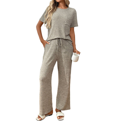 Women’s Casual Ribbed Pajama Set, Short Sleeve Pants
