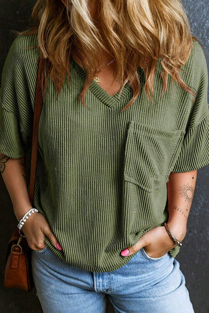Casual V Neck Pocket T Shirt Loose Ribbed Knit Top